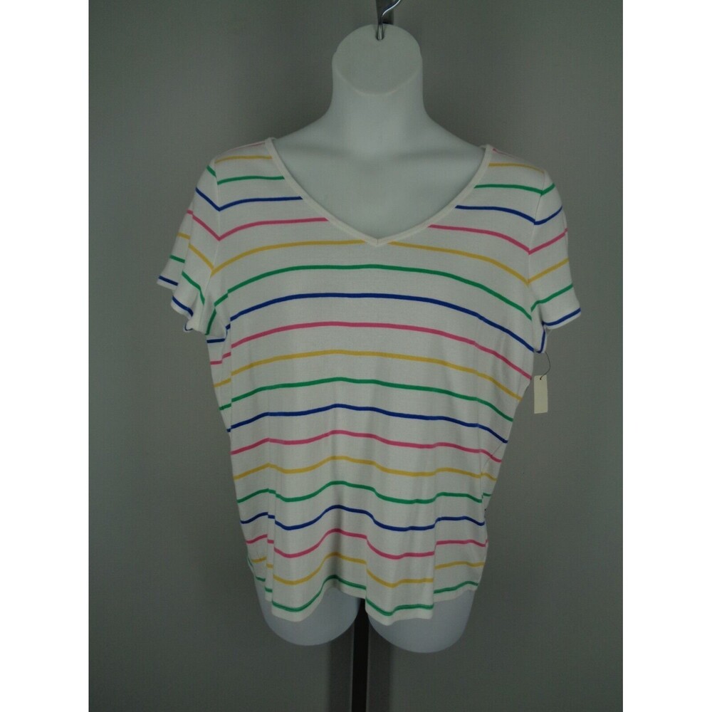 Talbots Woman Petites White Stripe V-Neck T-Shirt Top Plus Size 2XP New